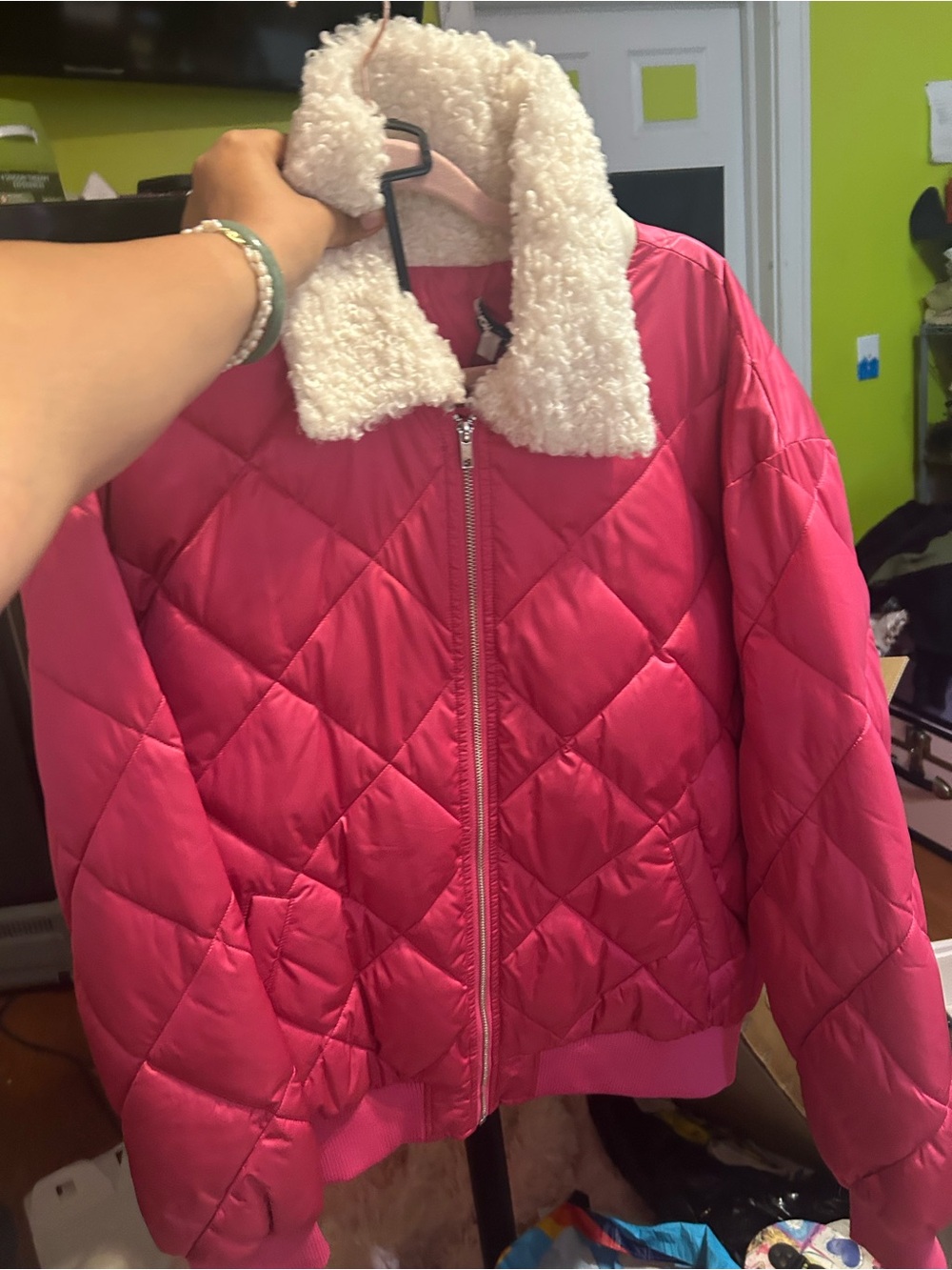 Fashion Nova Hot Pink Quilted Jacket with Cream Sherpa Collar and skirt full set
